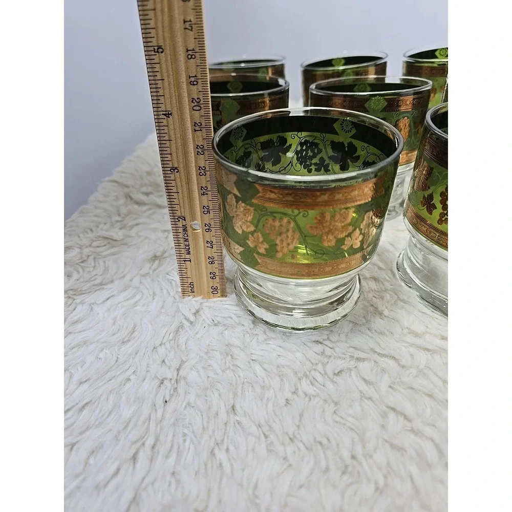 8 Cera Golden‎ Grapes Double Old Fashioned Footed Tumbler Glasses MCM Green Gold